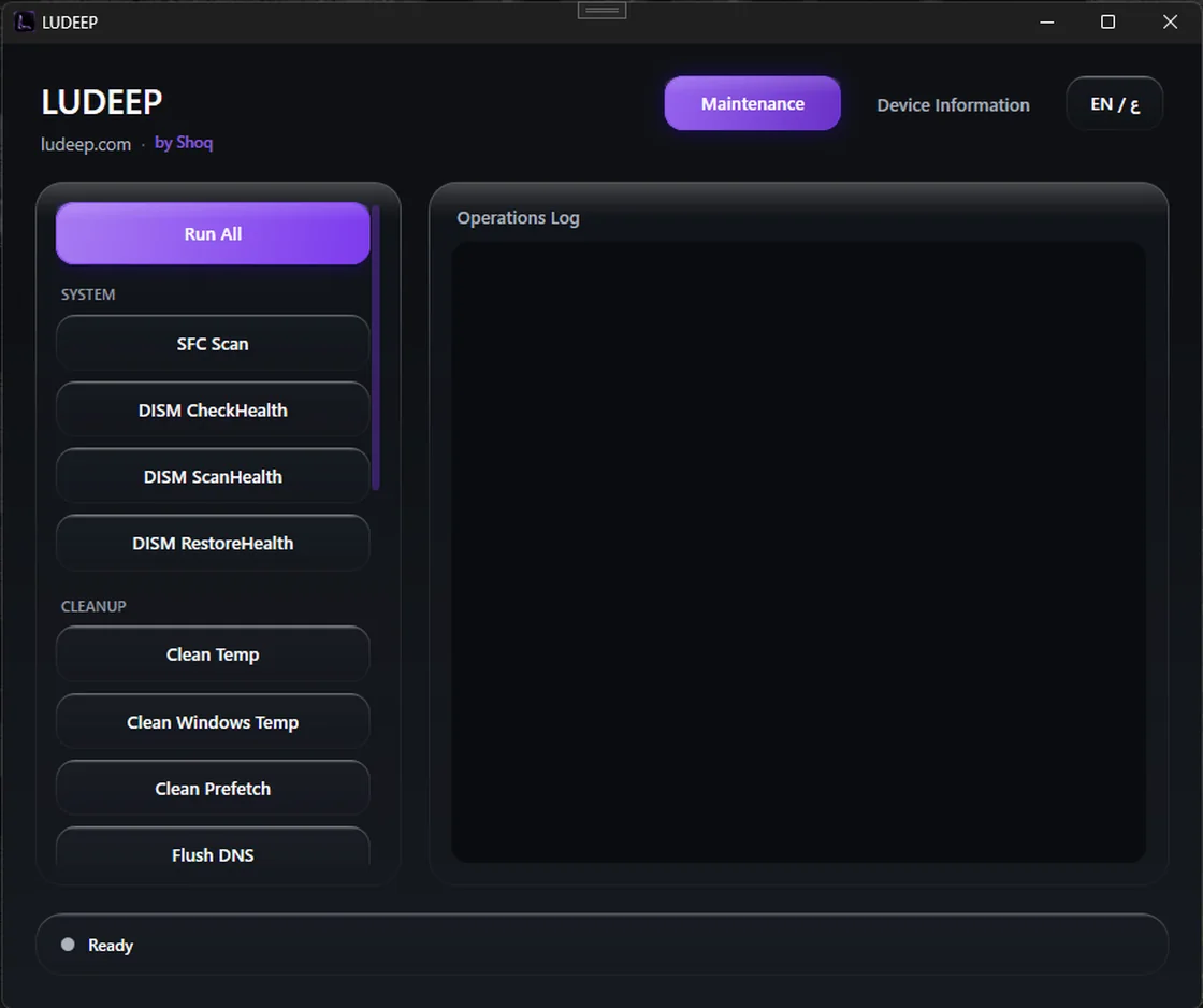 LUDEEP Maintenance — Dark theme, Purple accent