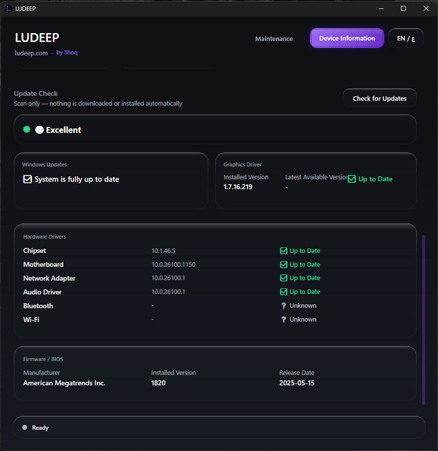 LUDEEP Update Check showing Windows and device driver update status